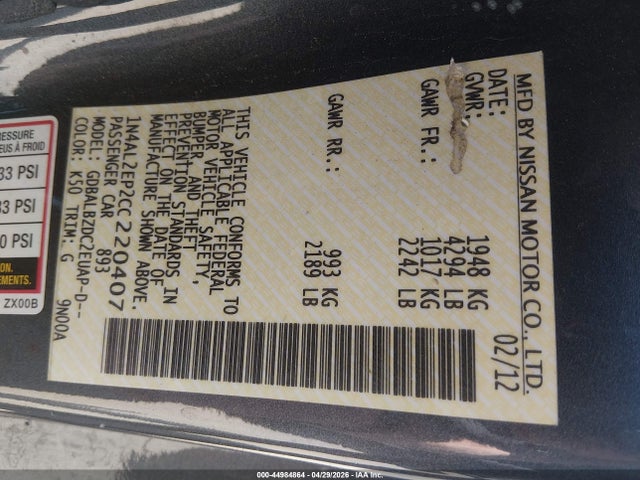 2012 Nissan Altima 2.5 S მანქანა იყიდება აუქციონზე, vin: 1N4AL2EP2CC220407, აუქციონის ნომერი: 44984864