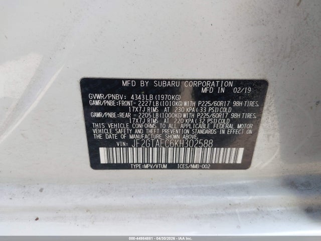 Aukcja sprzedaży 2019 Subaru Crosstrek 2.0i Premium, vin: JF2GTAEC6KH302588, numer aukcji: 44984881