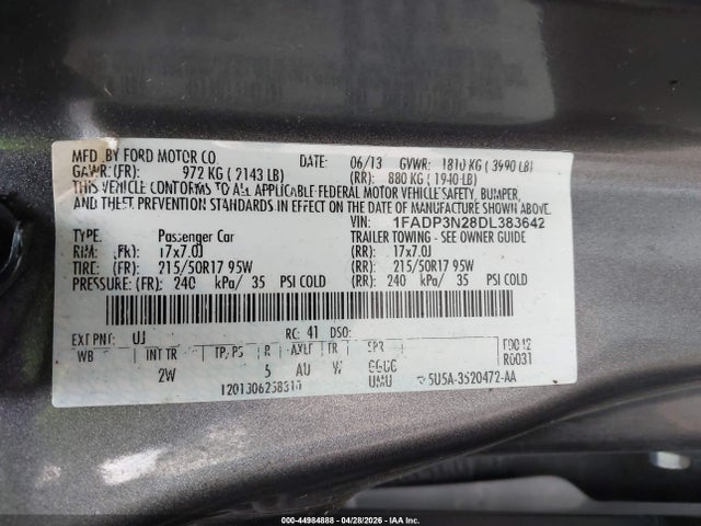 Продажа на аукционе авто 2013 Ford Focus Titanium, vin: 1FADP3N28DL383642, номер лота: 44984888