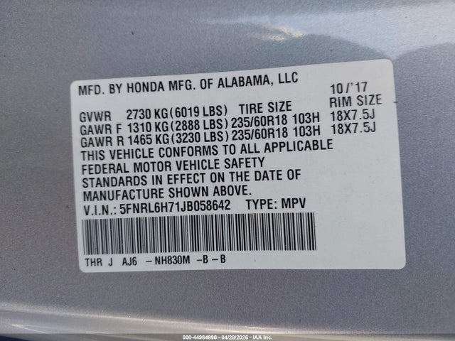 44984890 :رقم المزاد ، 5FNRL6H71JB058642 vin ، 2018 Honda Odyssey Ex-l مزاد بيع