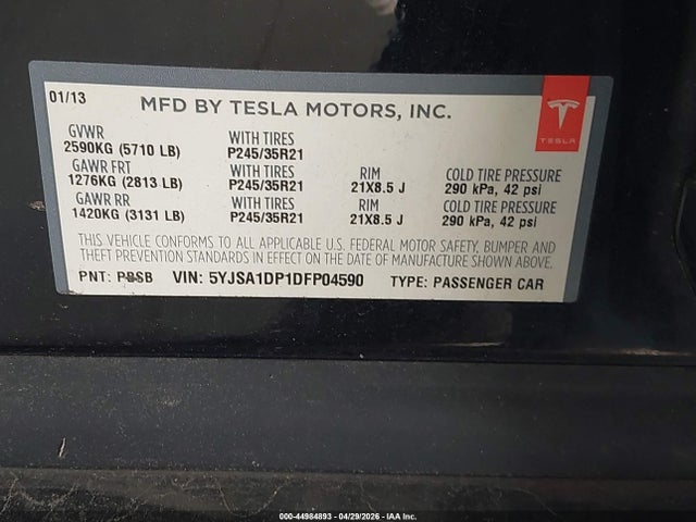 44984893 :رقم المزاد ، 5YJSA1DP1DFP04590 vin ، 2013 Tesla Model S Performance مزاد بيع