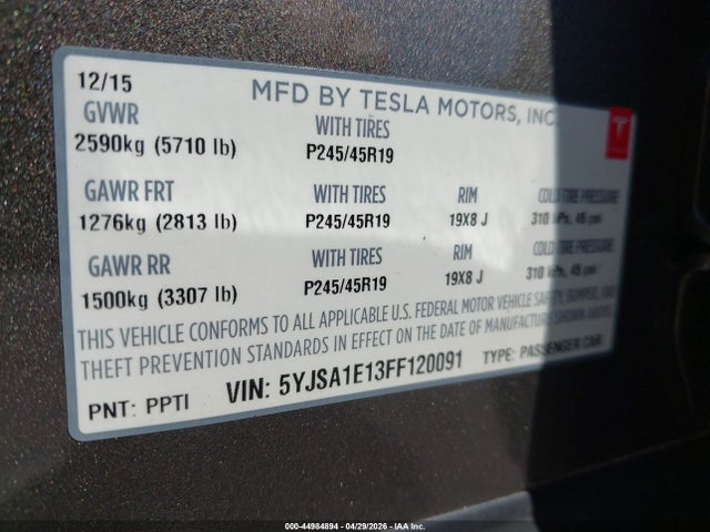 2015 Tesla Model S 60/70/85 მანქანა იყიდება აუქციონზე, vin: 5YJSA1E13FF120091, აუქციონის ნომერი: 44984894