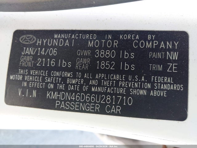 Aukcja sprzedaży 2006 Hyundai Elantra Gls/limited, vin: KMHDN46D66U281710, numer aukcji: 44984895