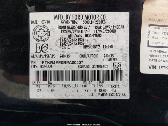 Aukcja sprzedaży 2011 Ford Ranger Sport, vin: 1FTKR4EE0BPA00407, numer aukcji: 44984898