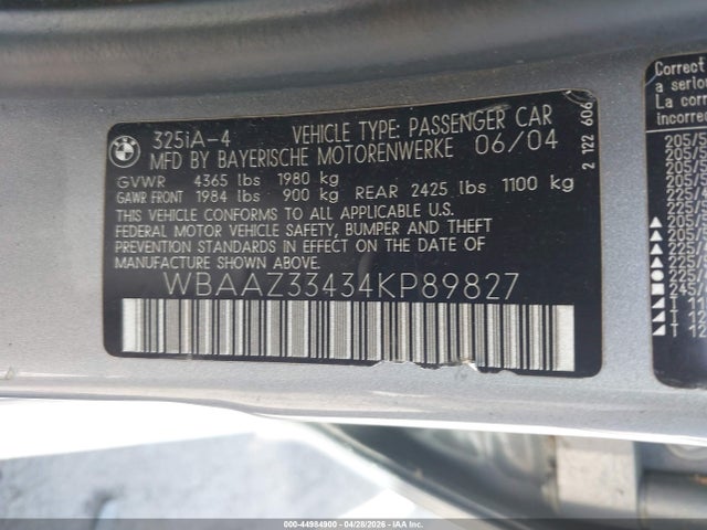 Aukcja sprzedaży 2004 Bmw 325i, vin: WBAAZ33434KP89827, numer aukcji: 44984900
