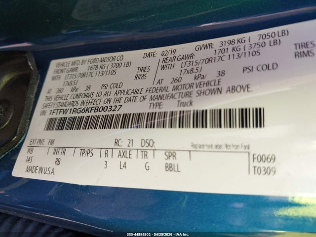 1FTFW1RG6KFB00327 Ford F-150 Raptor