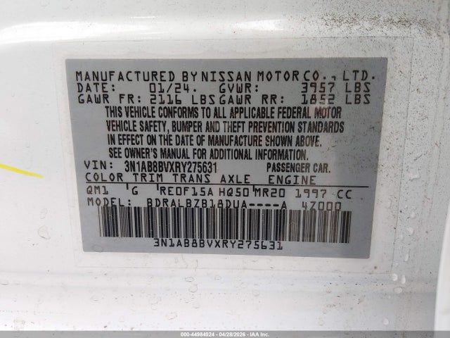 44984924 :رقم المزاد ، 3N1AB8BVXRY275631 vin ، 2024 Nissan Sentra S Xtronic Cvt مزاد بيع