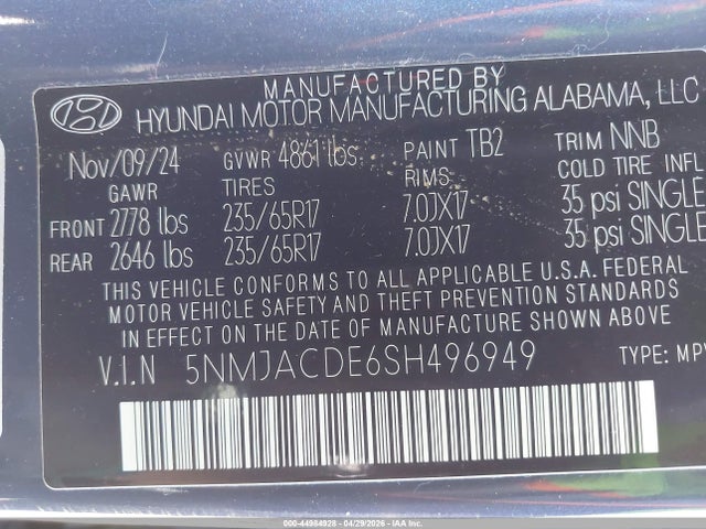 44984928 :رقم المزاد ، 5NMJACDE6SH496949 vin ، 2025 Hyundai Tucson Se مزاد بيع