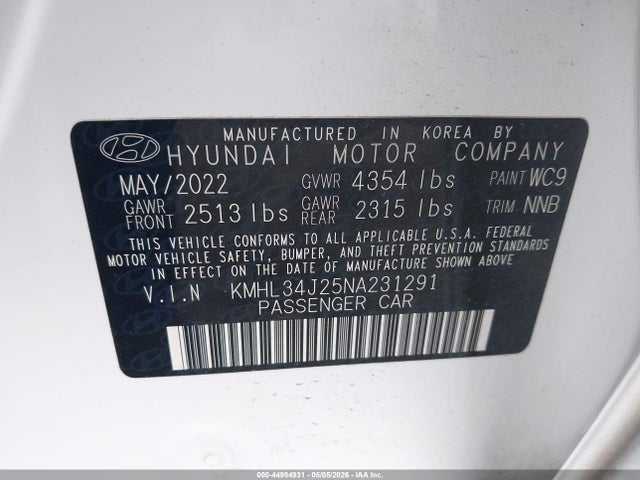 2022 Hyundai Sonata Limited მანქანა იყიდება აუქციონზე, vin: KMHL34J25NA231291, აუქციონის ნომერი: 44984931