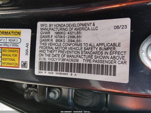 Aukcja sprzedaży 2023 Honda Accord Ex, vin: 1HGCY1F38PA039258, numer aukcji: 44984947