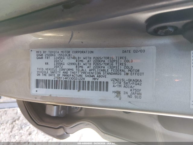 44984950 :رقم المزاد ، JTEBT14R330021228 vin ، 2003 Toyota 4runner Sr5 V8 مزاد بيع