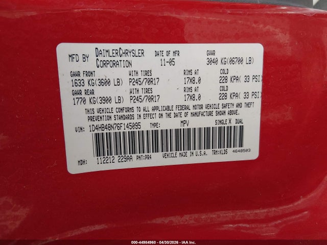 Auction sale of the 2006 Dodge Durango Slt, vin: 1D4HB48N76F145095, lot number: 44984960