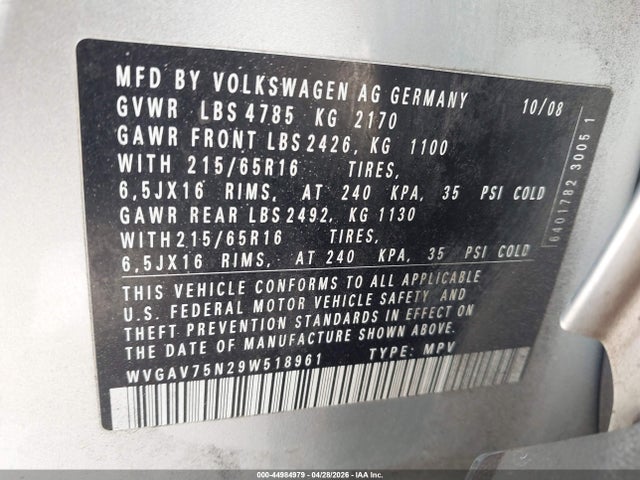 Aukcja sprzedaży 2009 Volkswagen Tiguan S/se/sel, vin: WVGAV75N29W518961, numer aukcji: 44984979