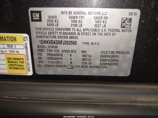 Продаж на аукціоні авто 2015 Chevrolet Traverse 1lt, vin: 1GNKVGKD8FJ352580, номер лоту: 44984980