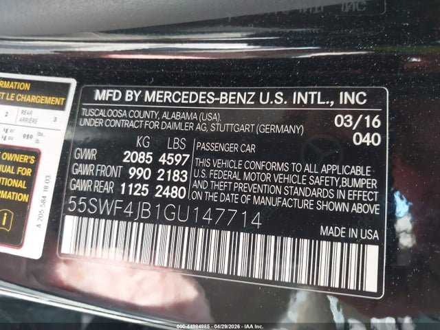 Продажа на аукционе авто 2016 Mercedes-benz C 300 Luxury, vin: 55SWF4JB1GU147714, номер лота: 44984985
