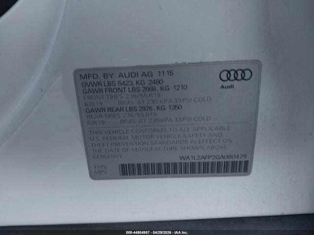 Aukcja sprzedaży 2016 Audi Q5 2.0t Premium, vin: WA1L2AFP2GA080479, numer aukcji: 44984987