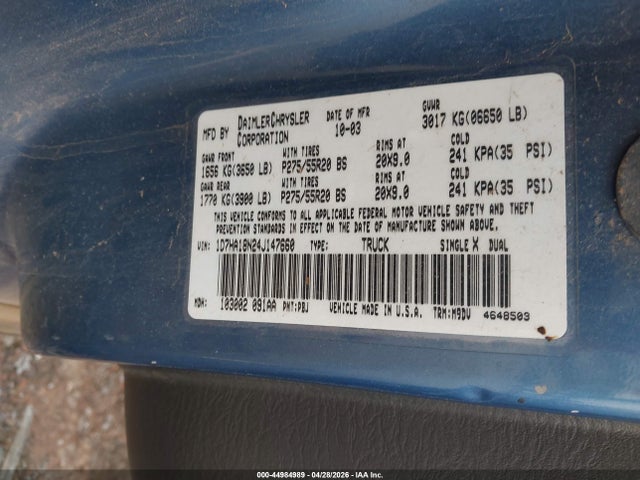 Продаж на аукціоні авто 2004 Dodge Ram 1500 Slt/laramie, vin: 1D7HA18N24J147660, номер лоту: 44984989