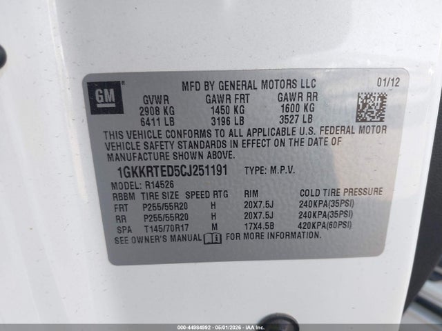 Aukcja sprzedaży 2012 Gmc Acadia Denali, vin: 1GKKRTED5CJ251191, numer aukcji: 44984992