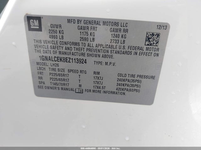 2014 Chevrolet Equinox 2lt მანქანა იყიდება აუქციონზე, vin: 1GNALCEK8EZ113924, აუქციონის ნომერი: 44984995