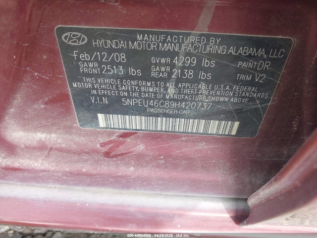 44984996 :رقم المزاد ، 5NPEU46C89H420737 vin ، 2009 Hyundai Sonata Limited مزاد بيع