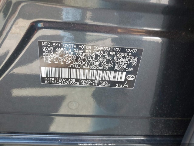 Продаж на аукціоні авто 2008 Lexus Es 350, vin: JTHBJ46G482206678, номер лоту: 44984998