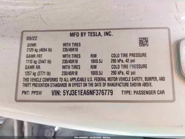 2022 Tesla Model 3 Rear-wheel Drive მანქანა იყიდება აუქციონზე, vin: 5YJ3E1EA6NF376779, აუქციონის ნომერი: 44985007