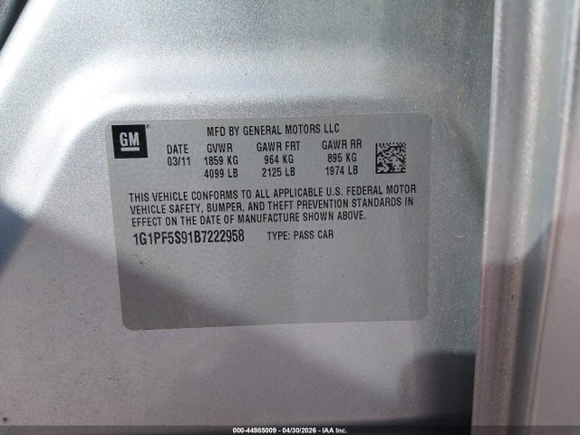2011 Chevrolet Cruze 1lt მანქანა იყიდება აუქციონზე, vin: 1G1PF5S91B7222958, აუქციონის ნომერი: 44985009