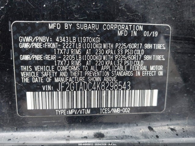 2019 Subaru Crosstrek 2.0i Premium მანქანა იყიდება აუქციონზე, vin: JF2GTADC4K8298543, აუქციონის ნომერი: 44985012