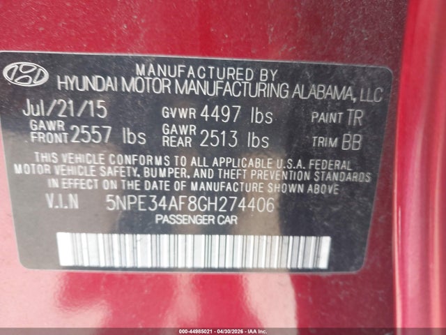 Aukcja sprzedaży 2016 Hyundai Sonata Limited, vin: 5NPE34AF8GH274406, numer aukcji: 44985021