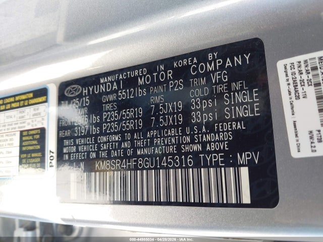 44985034 :رقم المزاد ، KM8SR4HF8GU145316 vin ، 2016 Hyundai Santa Fe Limited مزاد بيع