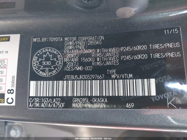Aukcja sprzedaży 2016 Toyota 4runner Sr5, vin: JTEBU5JR3G5297667, numer aukcji: 44985043