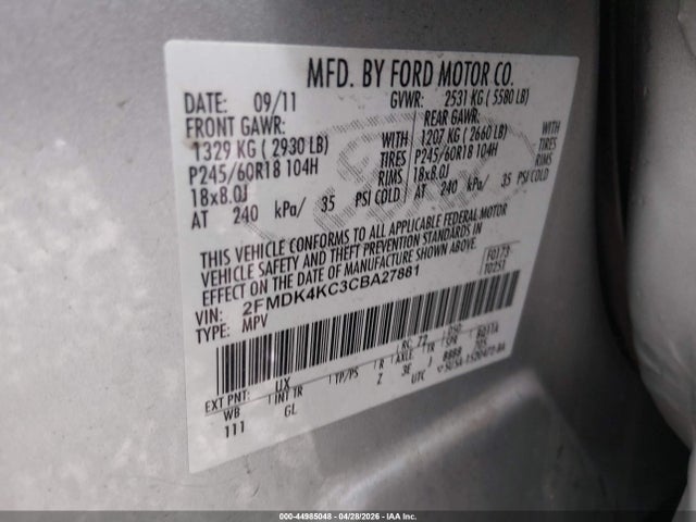 Aukcja sprzedaży 2012 Ford Edge Limited, vin: 2FMDK4KC3CBA27881, numer aukcji: 44985048