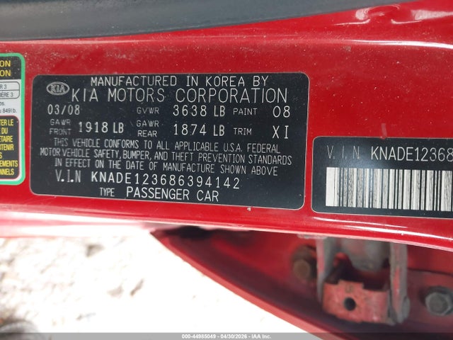 Aukcja sprzedaży 2008 Kia Rio Lx, vin: KNADE123686394142, numer aukcji: 44985049