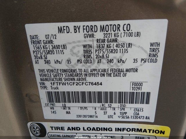 44985063 :رقم المزاد ، 1FTFW1CF2CFC76454 vin ، 2012 Ford F-150 Xlt مزاد بيع