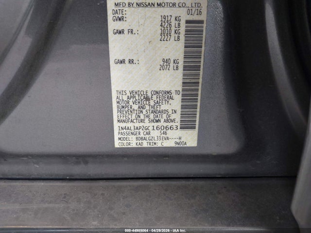 2016 Nissan Altima 2.5 S მანქანა იყიდება აუქციონზე, vin: 1N4AL3AP2GC160663, აუქციონის ნომერი: 44985064