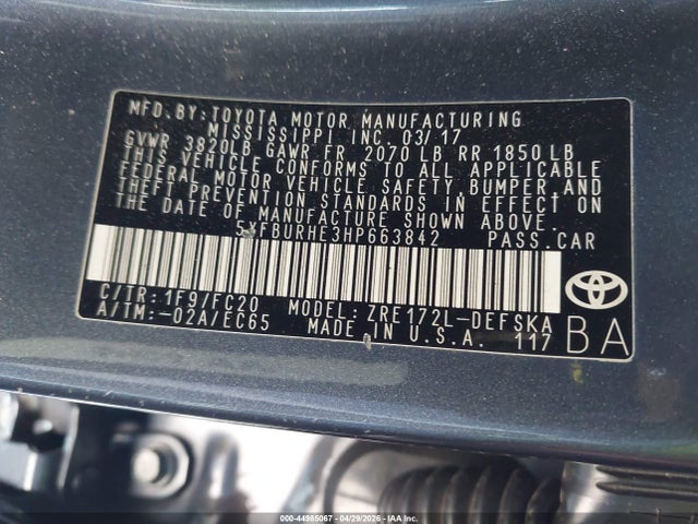 5YFBURHE3HP663842 Toyota COROLLA SE