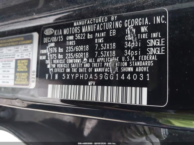 44985068 :رقم المزاد ، 5XYPHDA59GG144031 vin ، 2016 Kia Sorento 3.3l Ex مزاد بيع