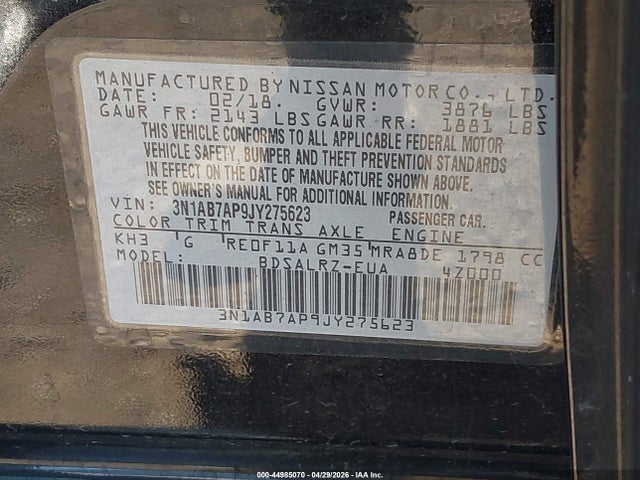 Aukcja sprzedaży 2018 Nissan Sentra Sr, vin: 3N1AB7AP9JY275623, numer aukcji: 44985070