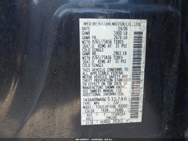 Продаж на аукціоні авто 2006 Nissan Xterra Off Road, vin: 5N1AN08W66C535786, номер лоту: 44985071