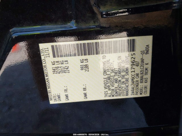 44985076 :رقم المزاد ، 1N4AL2AP6CC179625 vin ، 2012 Nissan Altima 2.5 S مزاد بيع