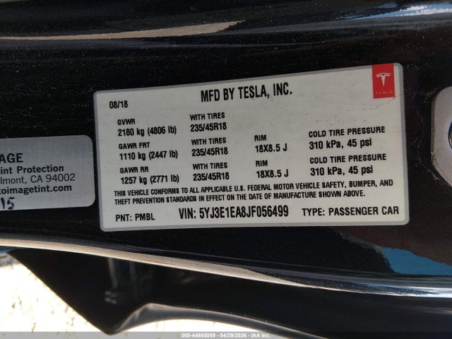Aukcja sprzedaży 2018 Tesla Model 3 Long Range/mid Range, vin: 5YJ3E1EA8JF056499, numer aukcji: 44985089