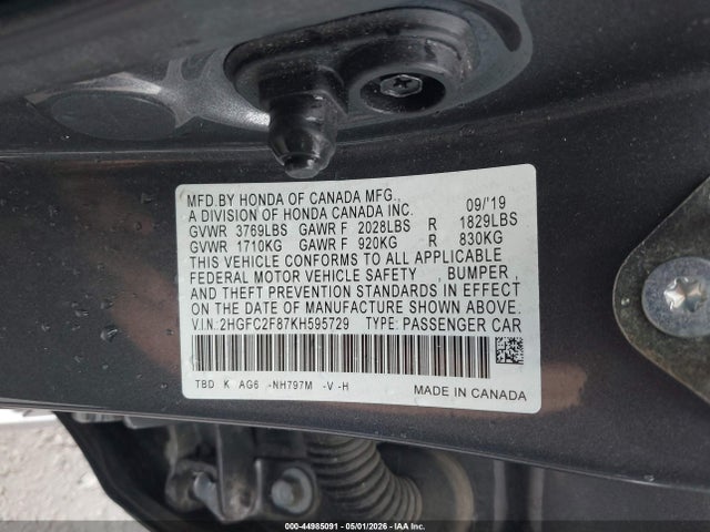 Aukcja sprzedaży 2019 Honda Civic Sport, vin: 2HGFC2F87KH595729, numer aukcji: 44985091
