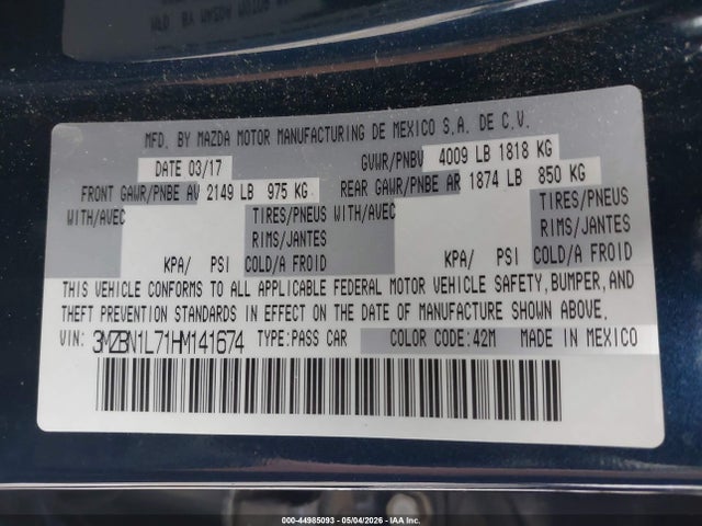 3MZBN1L71HM141674 Mazda Mazda3 Touring