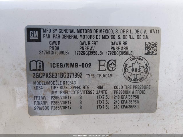 2011 Chevrolet Silverado 1500 Lt მანქანა იყიდება აუქციონზე, vin: 3GCPKSE31BG377992, აუქციონის ნომერი: 44985094