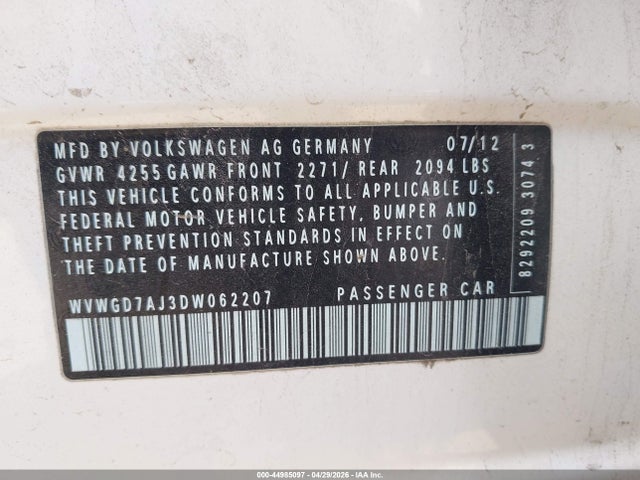 2013 Volkswagen Gti 4-door მანქანა იყიდება აუქციონზე, vin: WVWGD7AJ3DW062207, აუქციონის ნომერი: 44985097