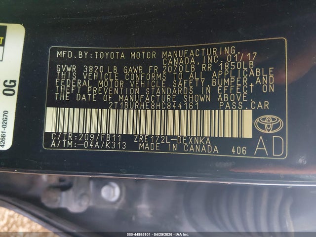 Aukcja sprzedaży 2017 Toyota Corolla Le, vin: 2T1BURHE8HC844161, numer aukcji: 44985101