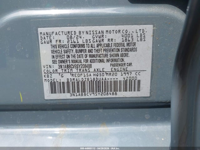 44985112 :رقم المزاد ، 3N1AB8CV9SY208488 vin ، 2025 Nissan Sentra Sv مزاد بيع