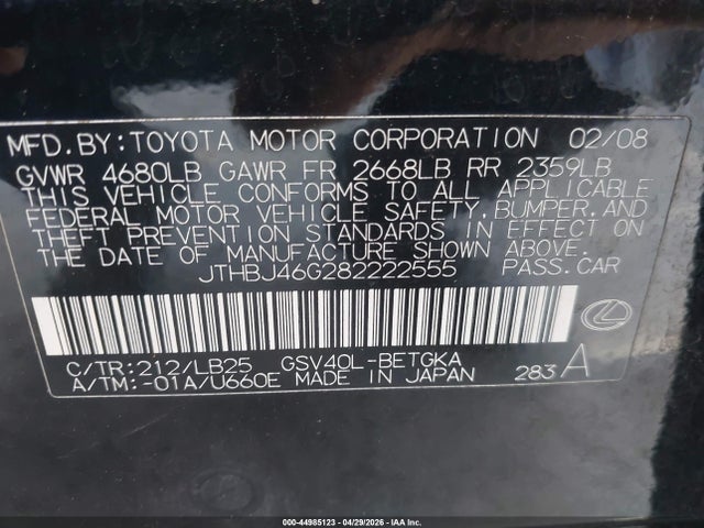 44985123 :رقم المزاد ، JTHBJ46G282222555 vin ، 2008 Lexus Es 350 مزاد بيع