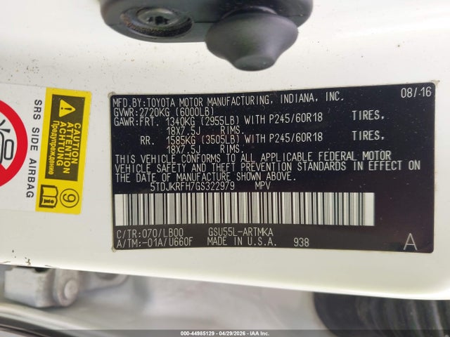 Aukcja sprzedaży 2016 Toyota Highlander Xle V6, vin: 5TDJKRFH7GS322979, numer aukcji: 44985129