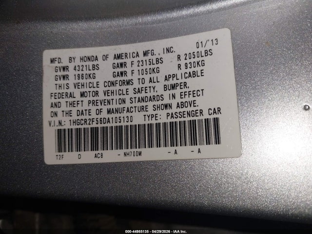 44985135 :رقم المزاد ، 1HGCR2F56DA105130 vin ، 2013 Honda Accord Sport مزاد بيع
